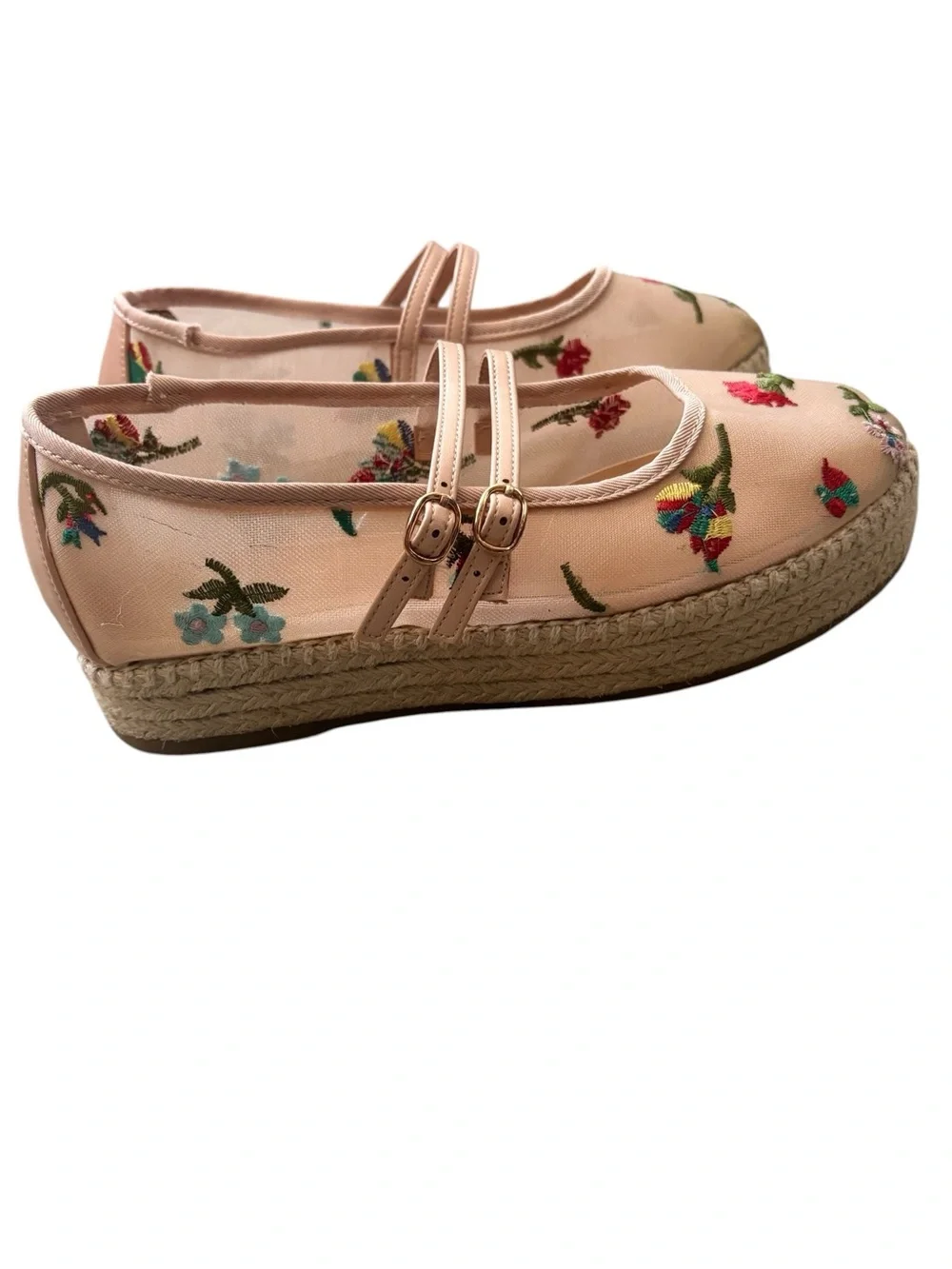 Bamboo Beige Embroidered Mary Jane Espadrille Flats size 5.5